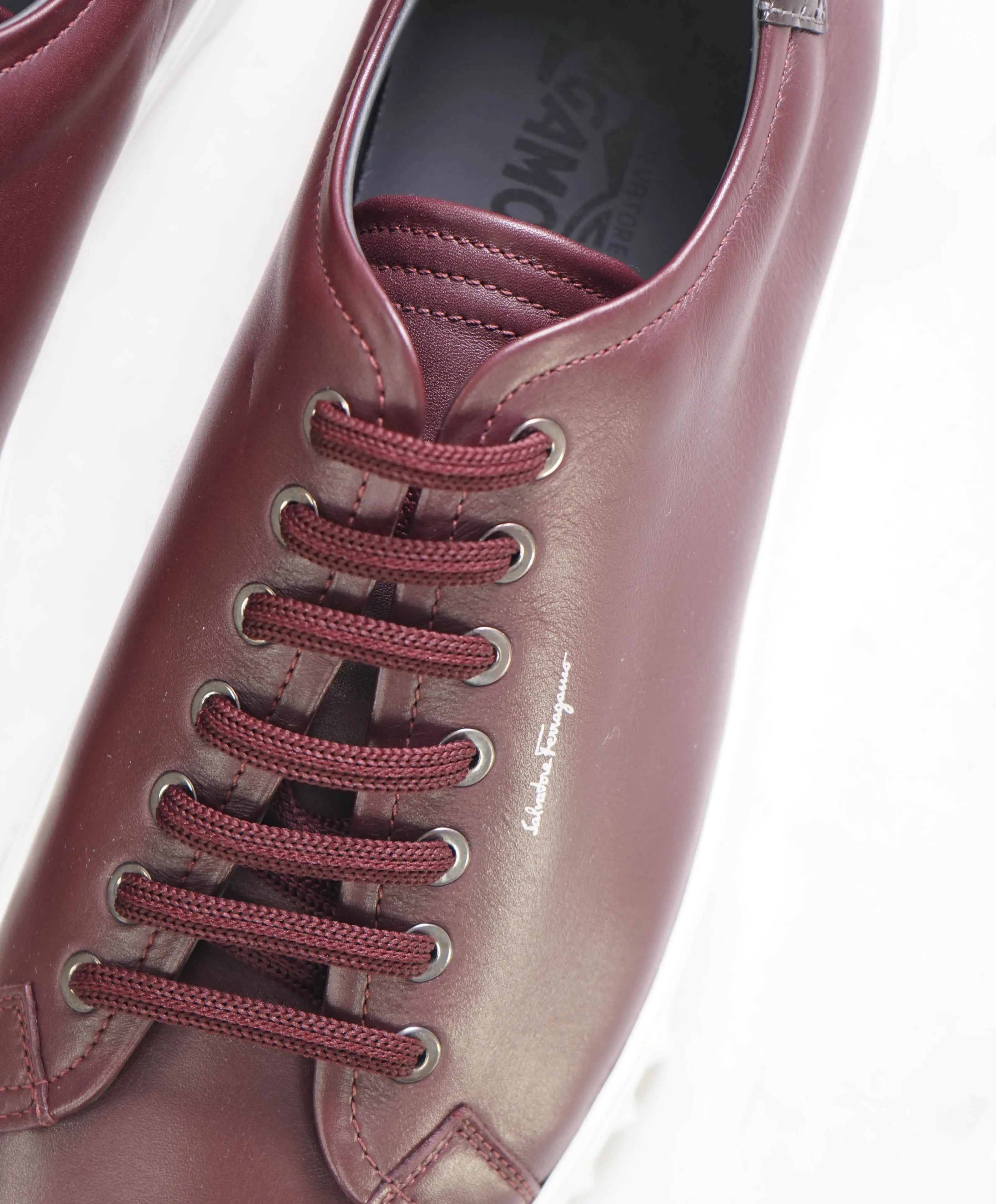$750 SALVATORE FERRAGAMO - *Rhinoceros* Burgundy Gancini Sneaker - 10.5 M US