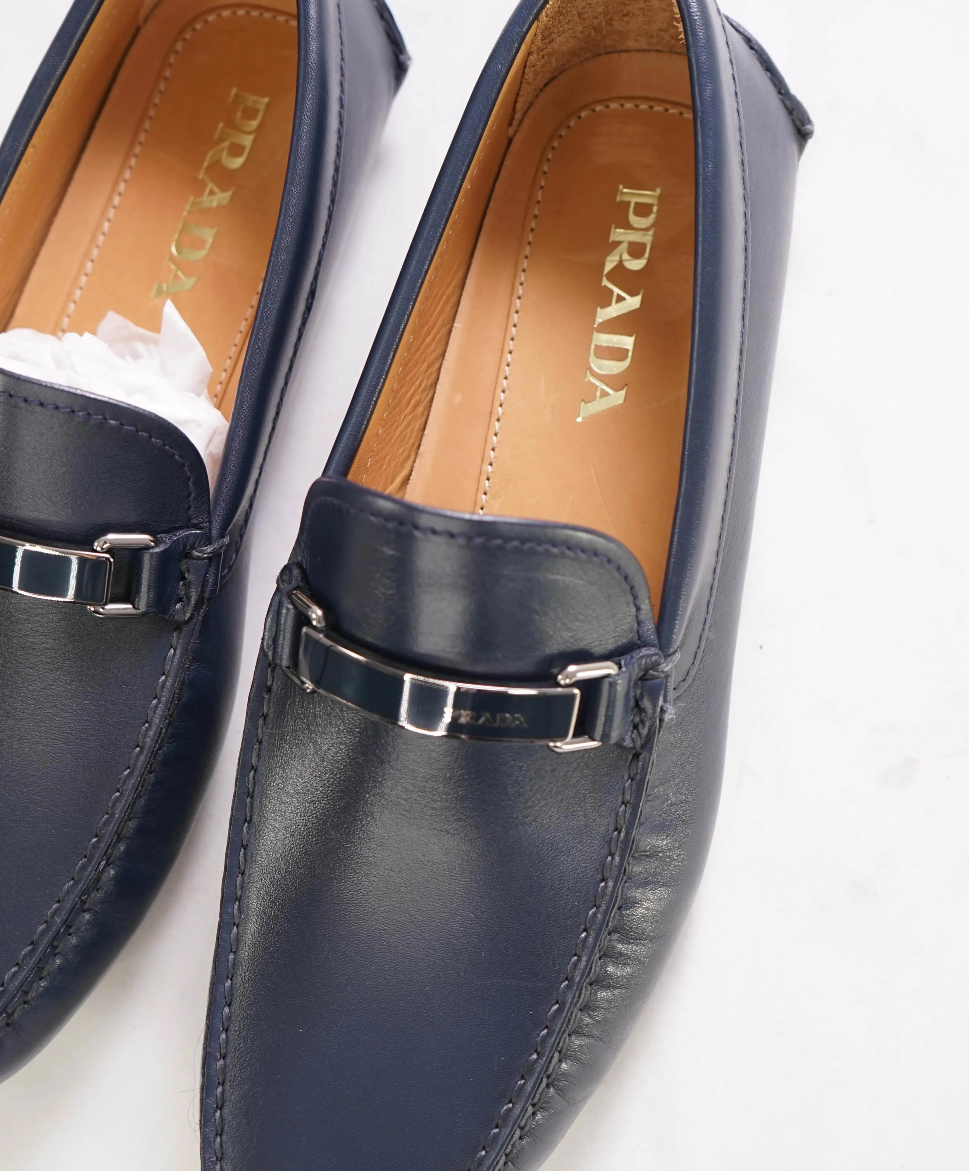 $895 PRADA - Navy Blue Slip On Logo Vamp Loafer - 8.5 US (7.5 Prada)