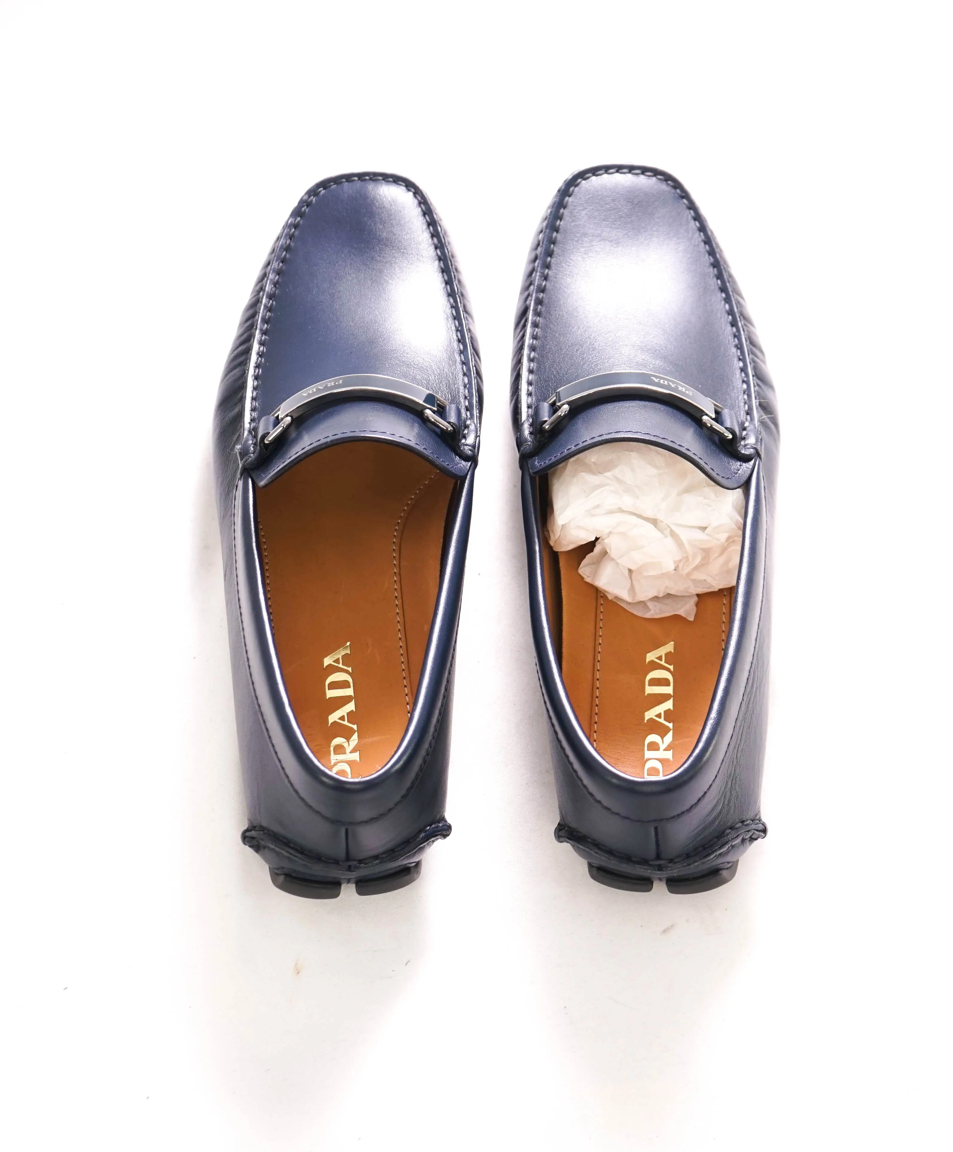 $895 PRADA - Navy Blue Slip On Logo Vamp Loafer - 8.5 US (7.5 Prada)