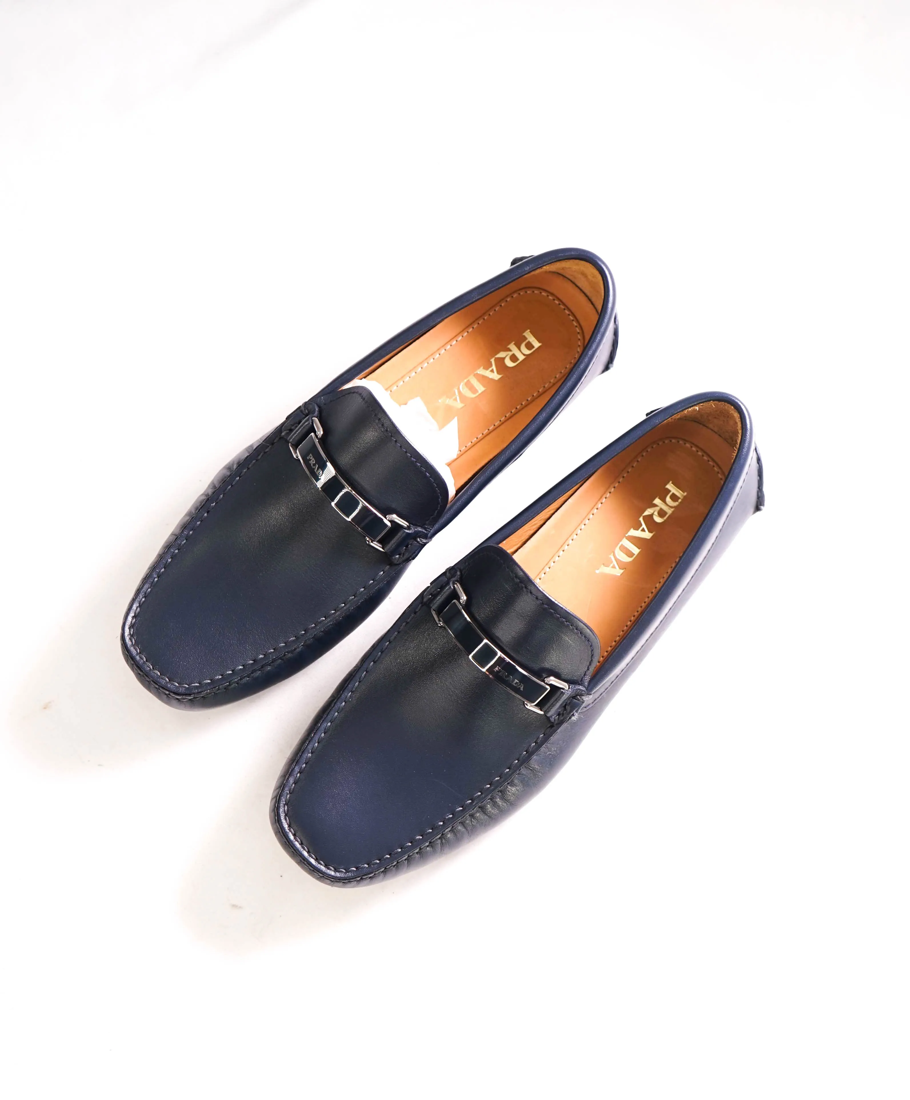 $895 PRADA - Navy Blue Slip On Logo Vamp Loafer - 8.5 US (7.5 Prada)