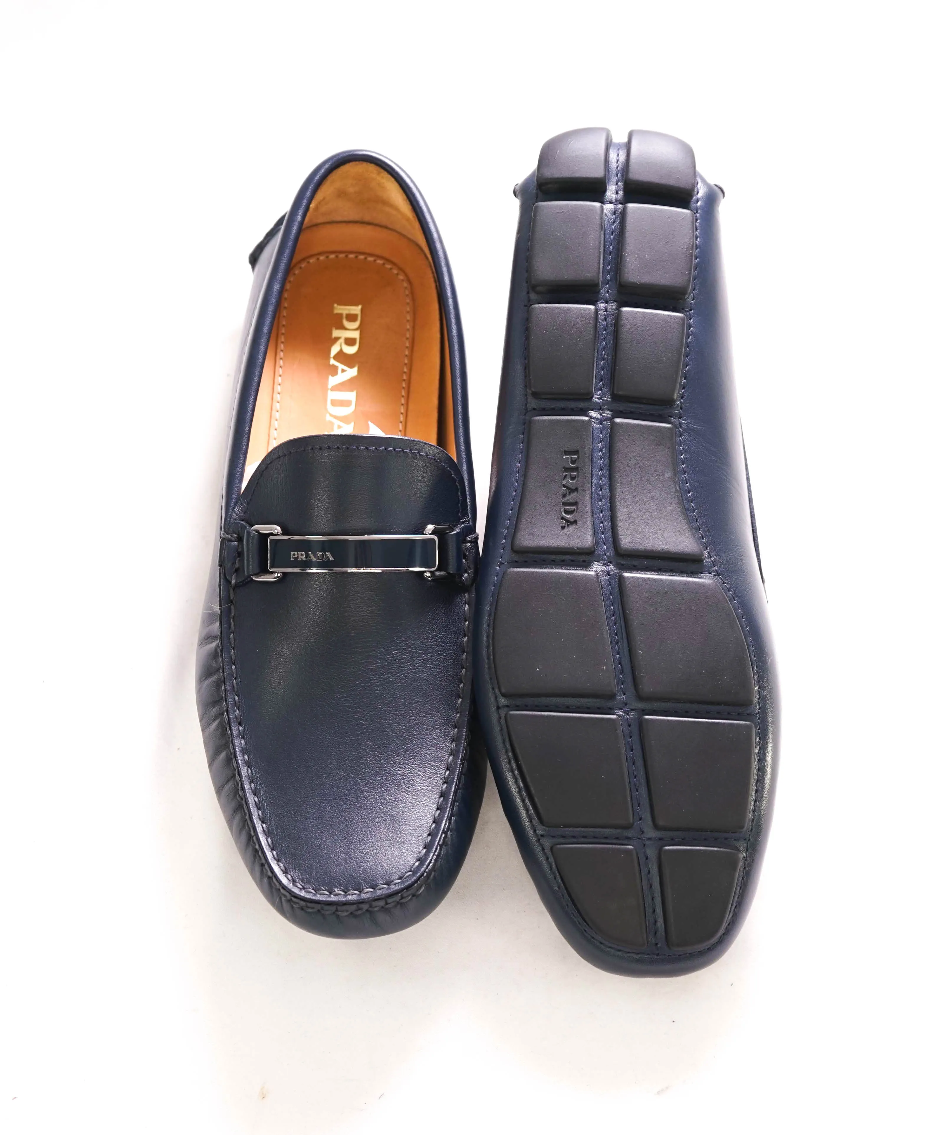 $895 PRADA - Navy Blue Slip On Logo Vamp Loafer - 8.5 US (7.5 Prada)