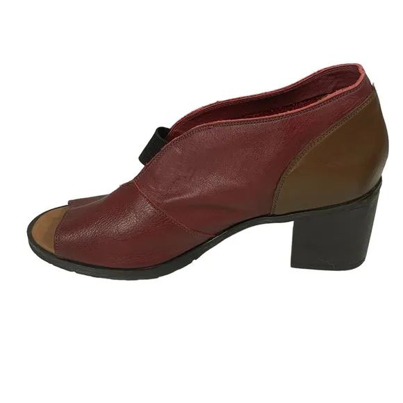 Balatore Maroon Tan Colorblock Leather Open Toe Block Heel Boot Shoe EUR 39 US 9