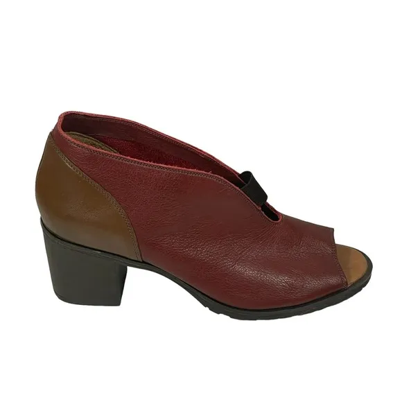 Balatore Maroon Tan Colorblock Leather Open Toe Block Heel Boot Shoe EUR 39 US 9