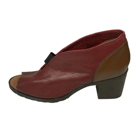 Balatore Maroon Tan Colorblock Leather Open Toe Block Heel Boot Shoe EUR 39 US 9