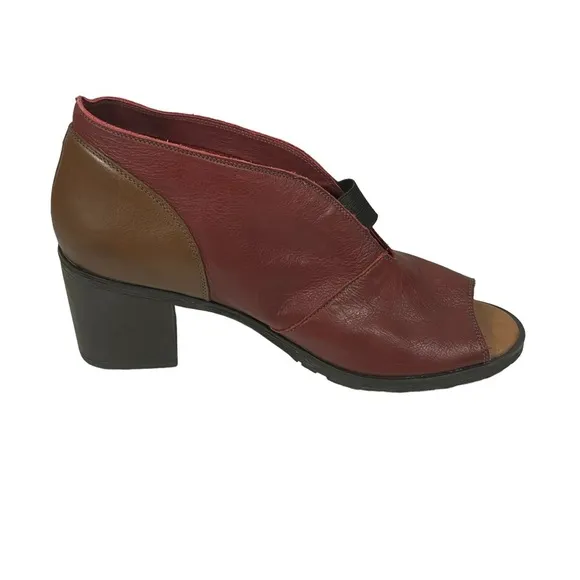 Balatore Maroon Tan Colorblock Leather Open Toe Block Heel Boot Shoe EUR 39 US 9