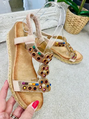 BEIGE BEADED LOW WEDGE HEEL SANDALS ( W57 ) sizes 3 to 8