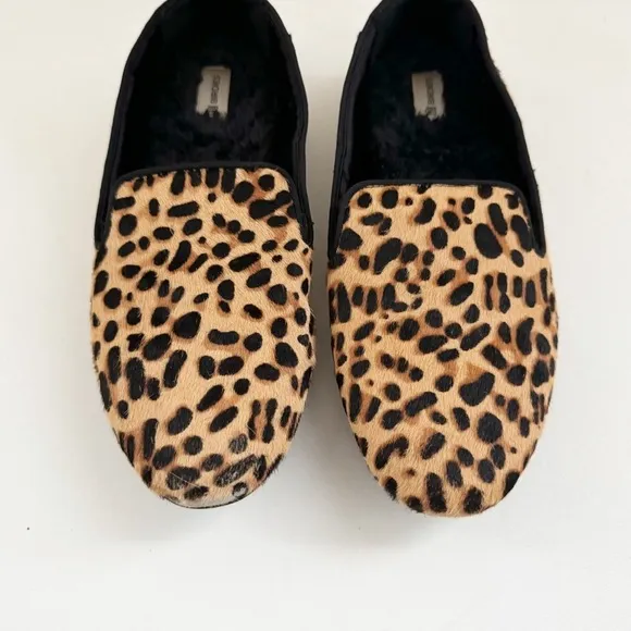 Birdie's Starling Flat Smoking Loafer Shoe Leopard Calf Hair Classic Mobwife 8.5