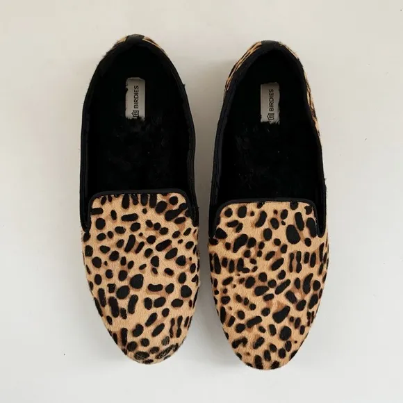 Birdie's Starling Flat Smoking Loafer Shoe Leopard Calf Hair Classic Mobwife 8.5