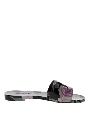 Black Floral Logo Rubber Beachwear Sliders