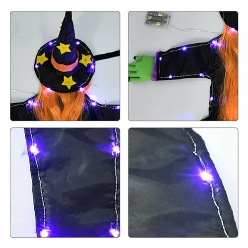 CALANDIS® Hanging Witch Decorations Halloween Outdoor Decoration for Door Tree Pillars Violet Hair