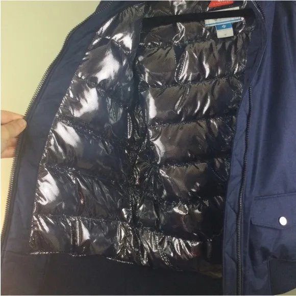 Columbia Barlow Pass 550 TurboDown OmniHeat Hooded Navy Bomber Jacket Sz Medium