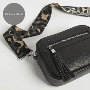 Florence Crossbody Bag in Black with Dark Leopard Print Strap
