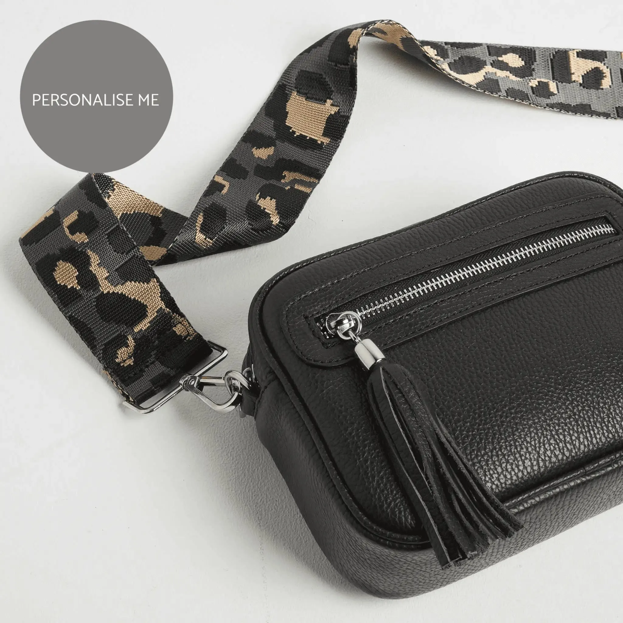 Florence Crossbody Bag in Black with Dark Leopard Print Strap