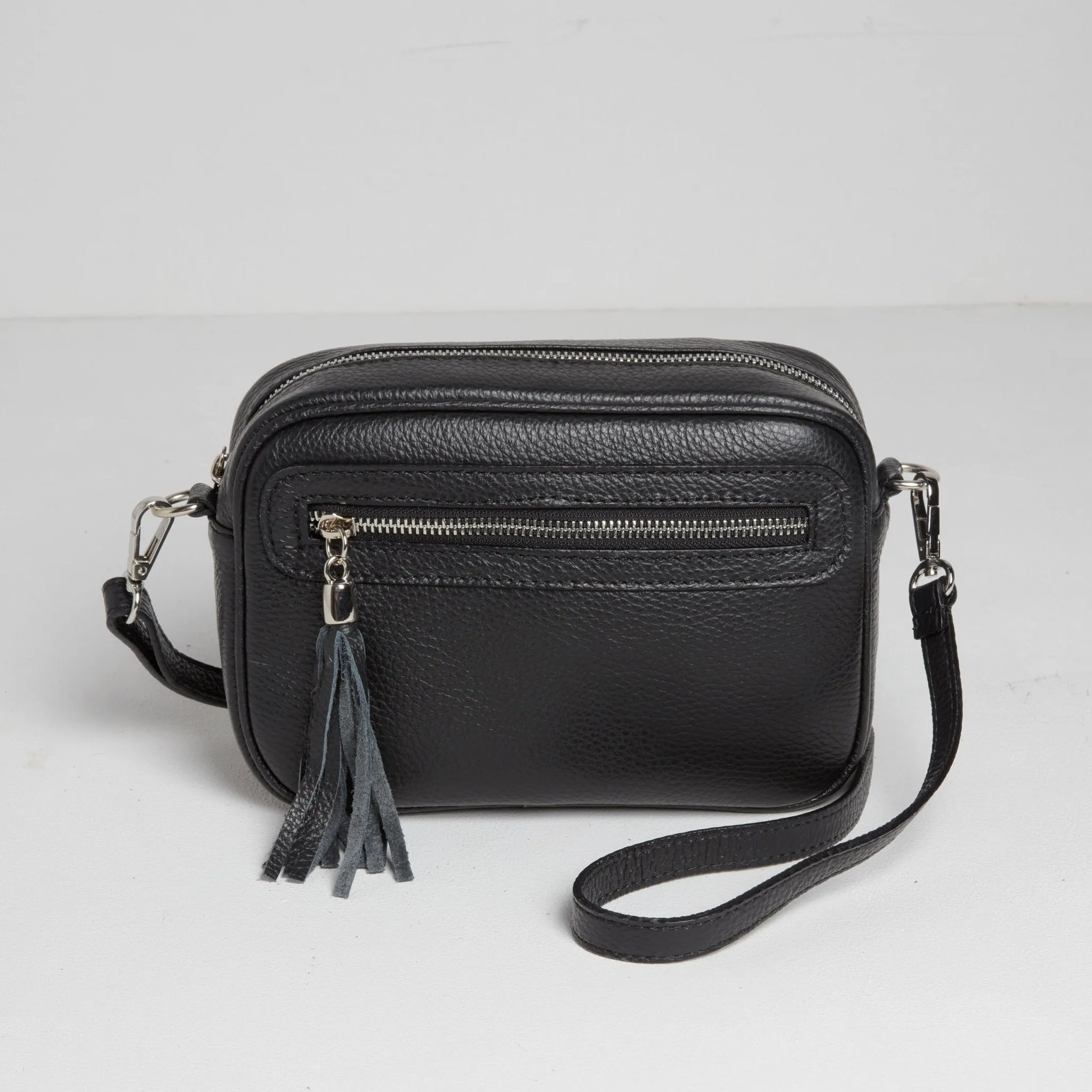 Florence Crossbody Bag in Black with Dark Leopard Print Strap