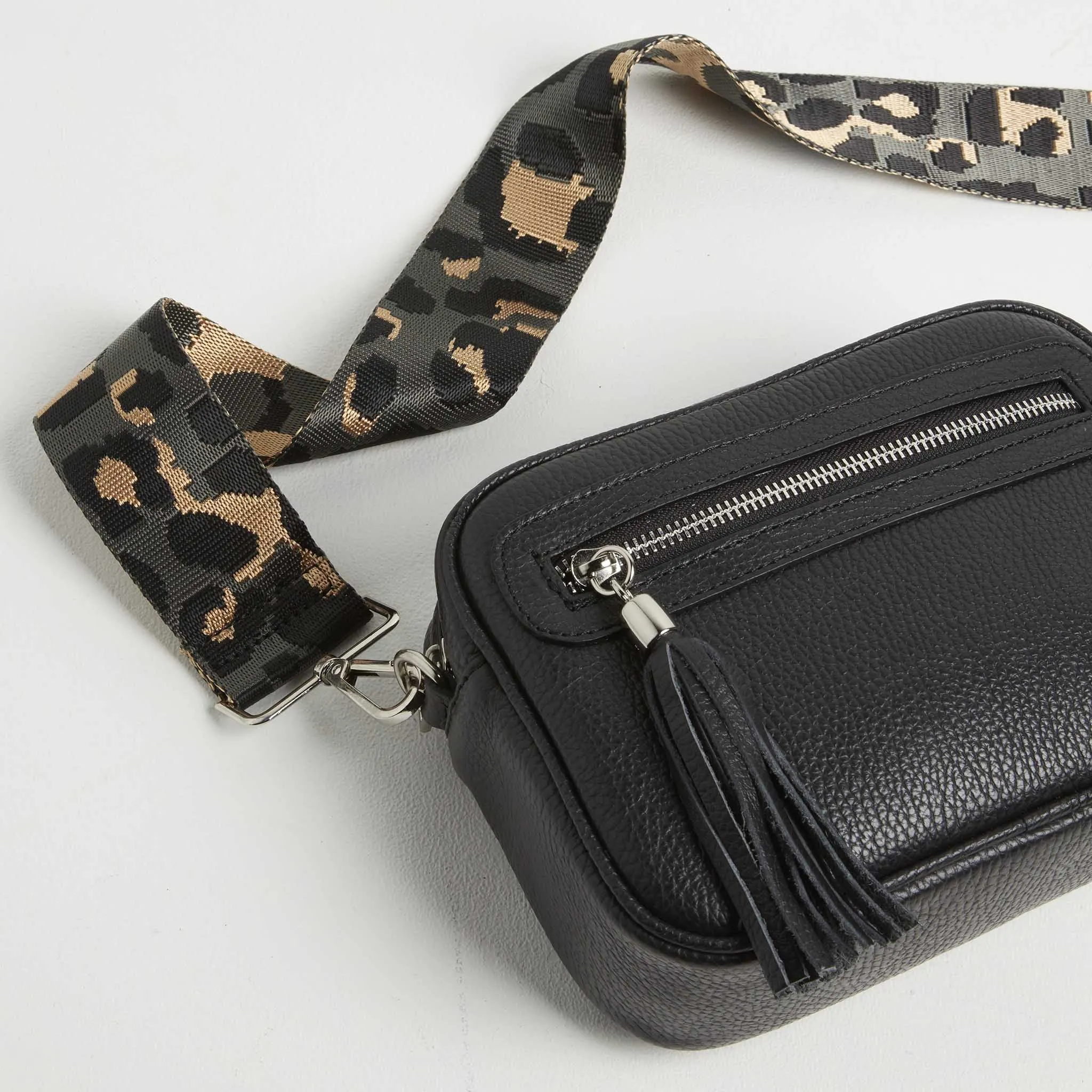 Florence Crossbody Bag in Black with Dark Leopard Print Strap