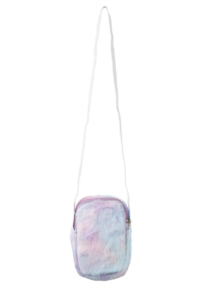 Girls Multi Faux Fur Phone Bag with Metallic Grosgrain Strap