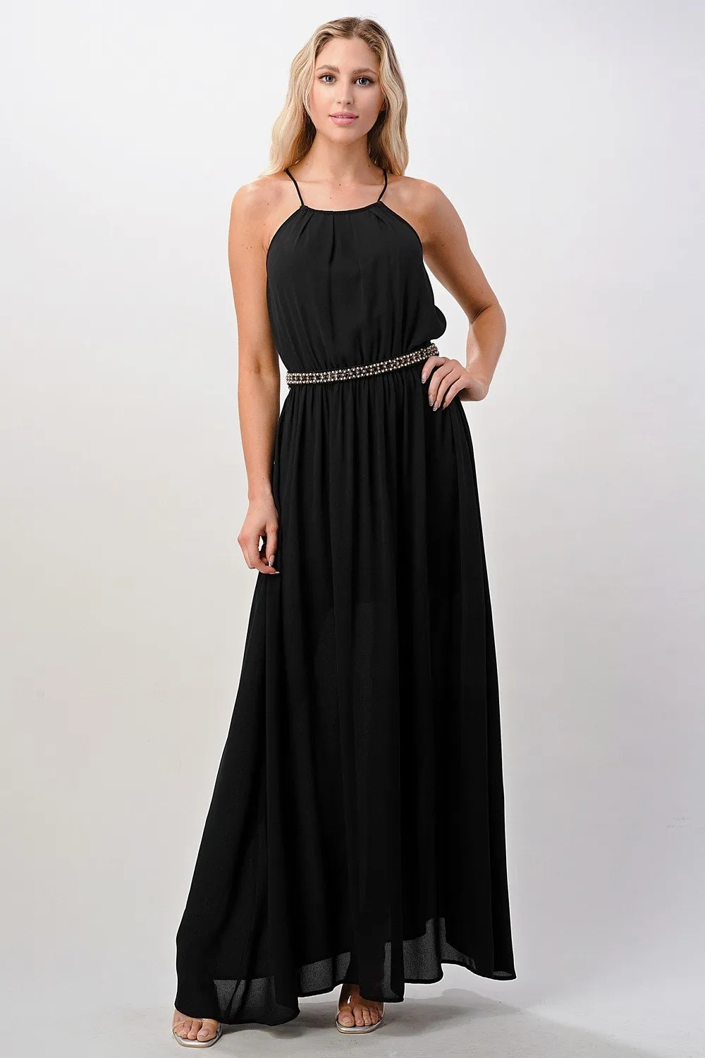 Halter Neck Maxi Dress with Beaded Waist Detail