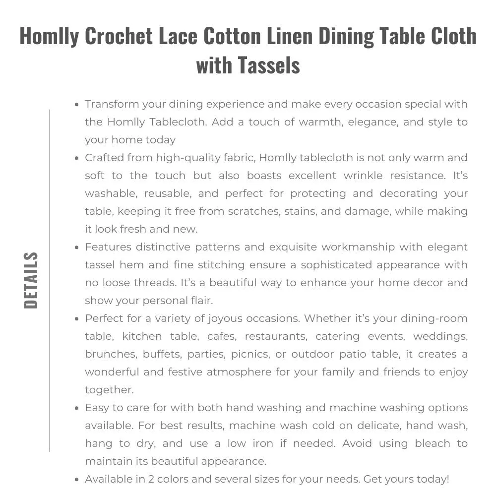 Homlly Crochet Lace Cotton Linen Dining Table Cloth with Tassels