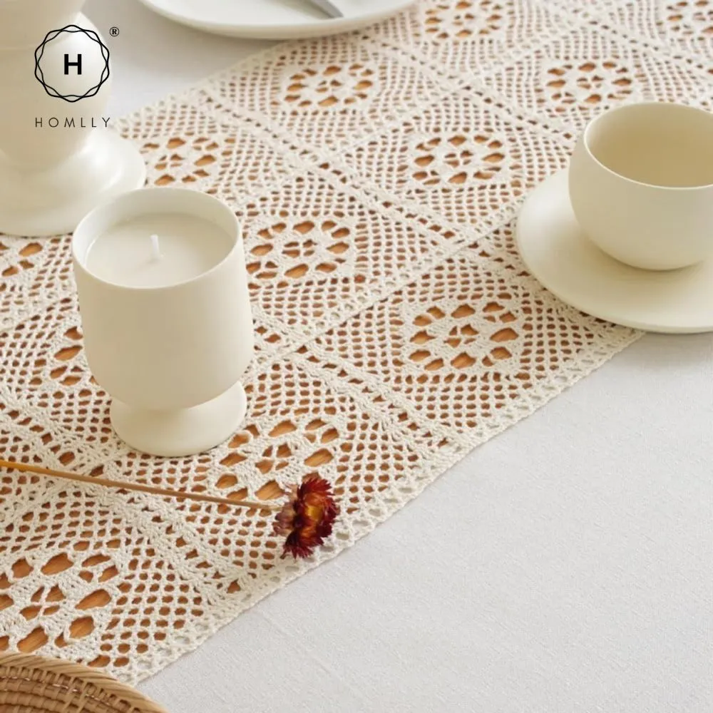 Homlly Crochet Lace Cotton Linen Dining Table Cloth with Tassels