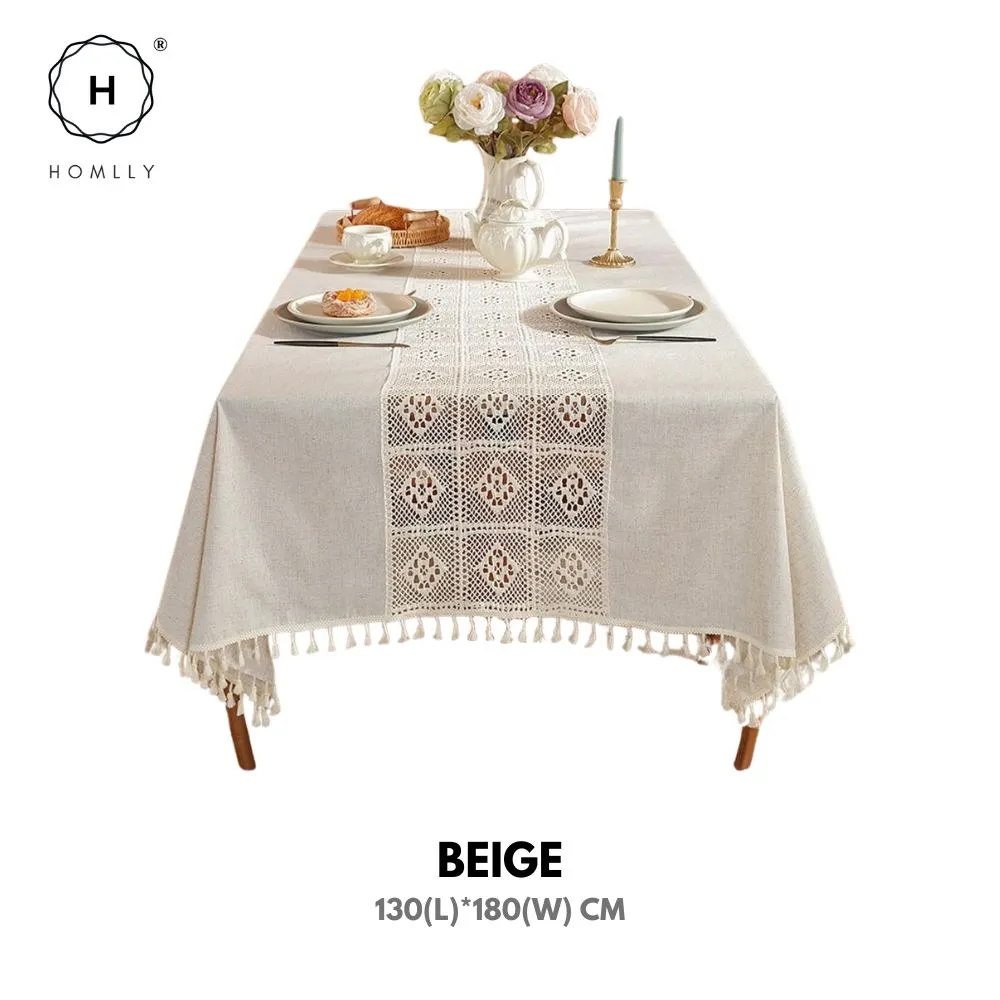 Homlly Crochet Lace Cotton Linen Dining Table Cloth with Tassels