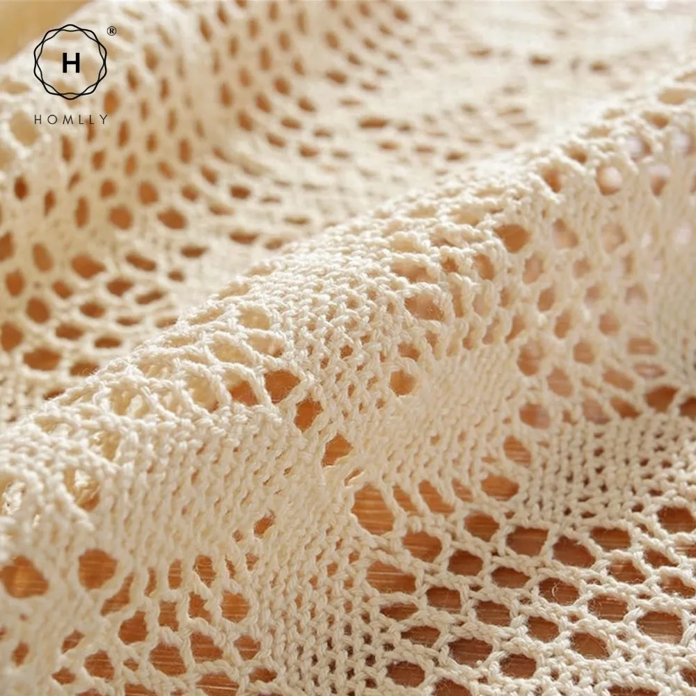 Homlly Crochet Lace Cotton Linen Dining Table Cloth with Tassels