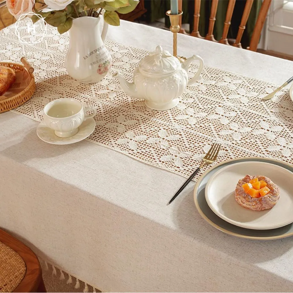 Homlly Crochet Lace Cotton Linen Dining Table Cloth with Tassels