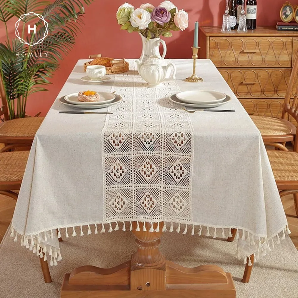 Homlly Crochet Lace Cotton Linen Dining Table Cloth with Tassels
