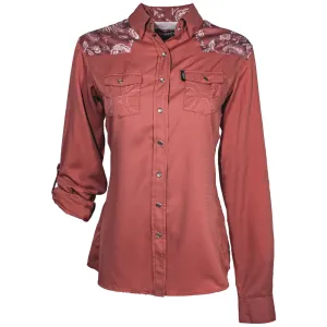 Hooey "Sol" Ladies Marsala with Floral Pattern Detailing Long Sleeve Pearl Snap Shirt