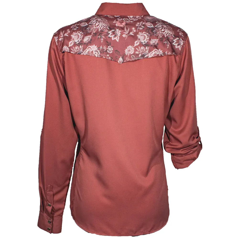 Hooey "Sol" Ladies Marsala with Floral Pattern Detailing Long Sleeve Pearl Snap Shirt