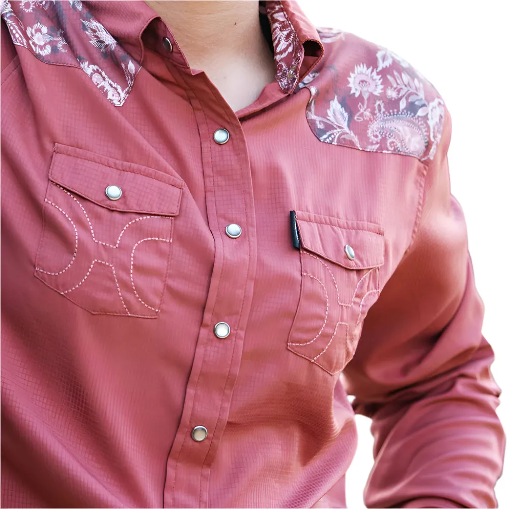 Hooey "Sol" Ladies Marsala with Floral Pattern Detailing Long Sleeve Pearl Snap Shirt