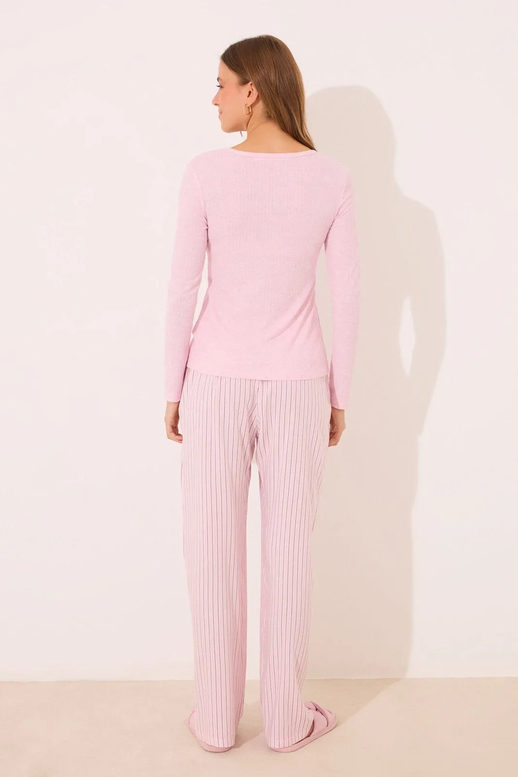 Long striped striped viscose ribbed long pyjamas - Pink