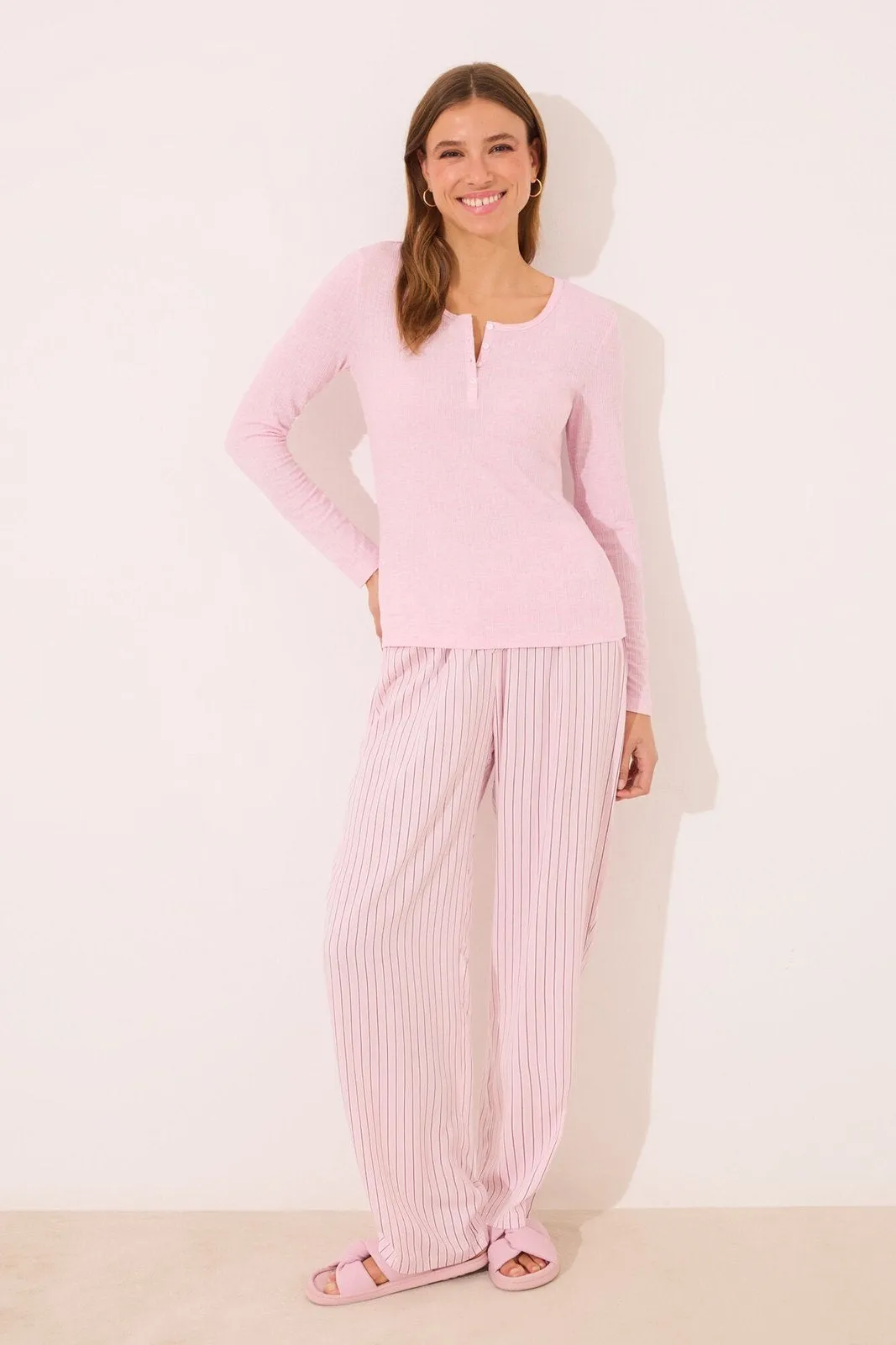 Long striped striped viscose ribbed long pyjamas - Pink