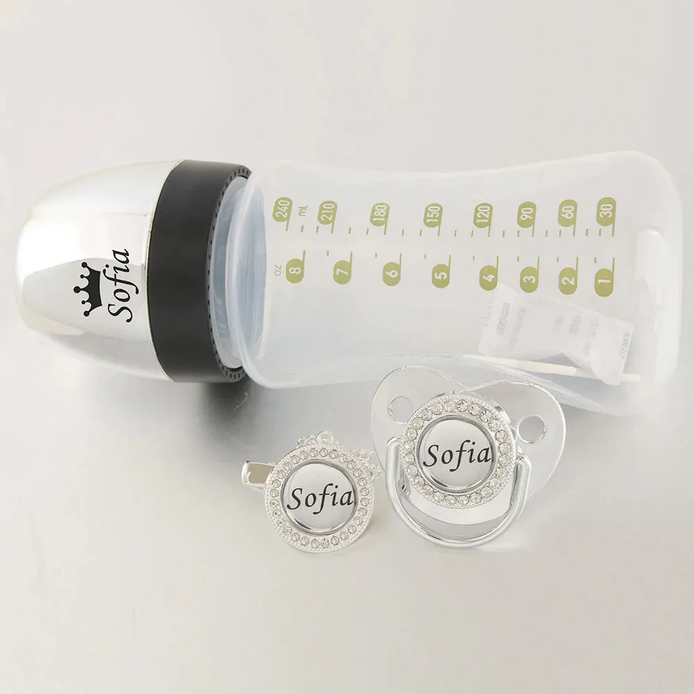 Luxury Any Name Customized Baby Feeding Set Gold Rose Gold Silver Milk Bottle Pacifier Bling Pacifier Case Unique Birthday Gift