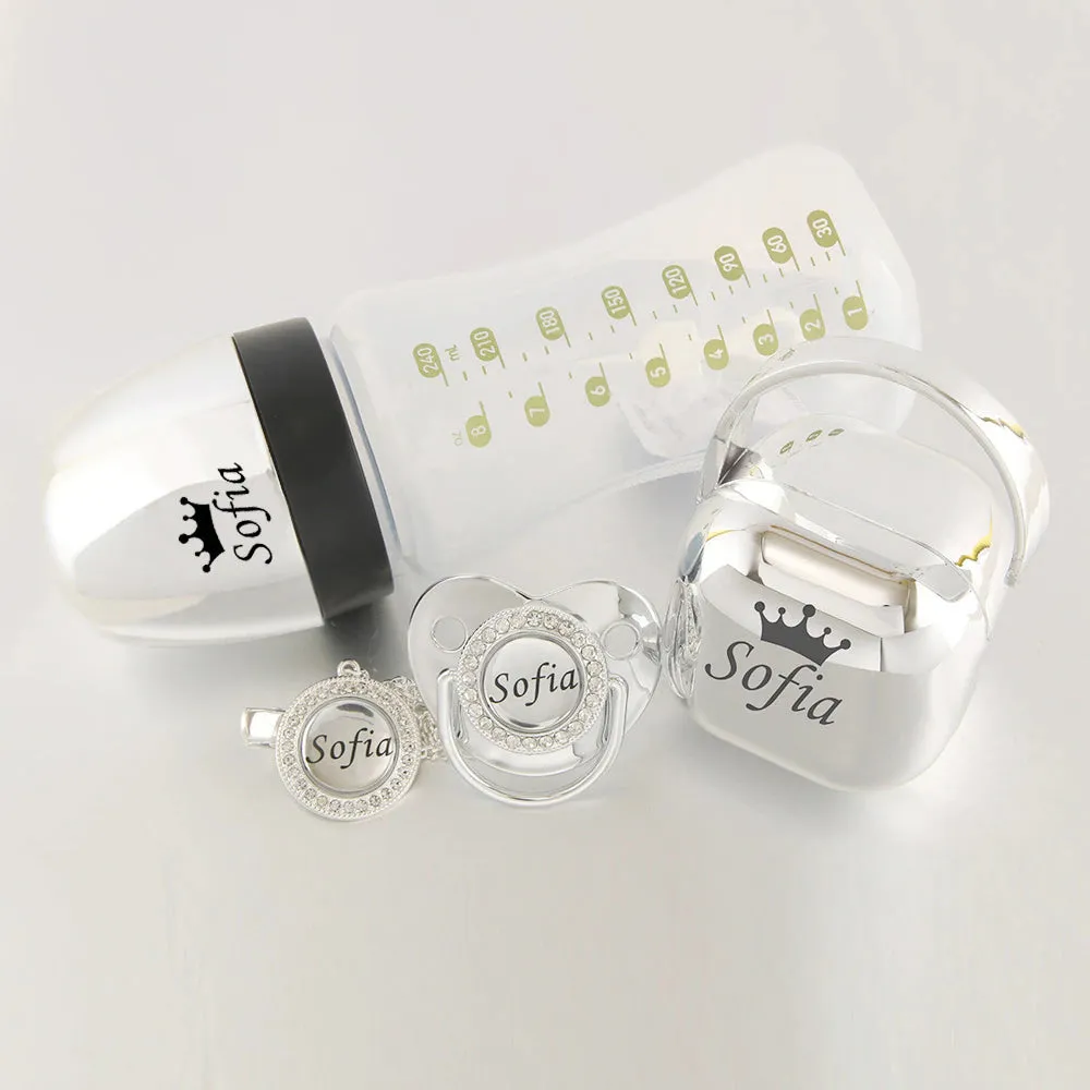 Luxury Any Name Customized Baby Feeding Set Gold Rose Gold Silver Milk Bottle Pacifier Bling Pacifier Case Unique Birthday Gift