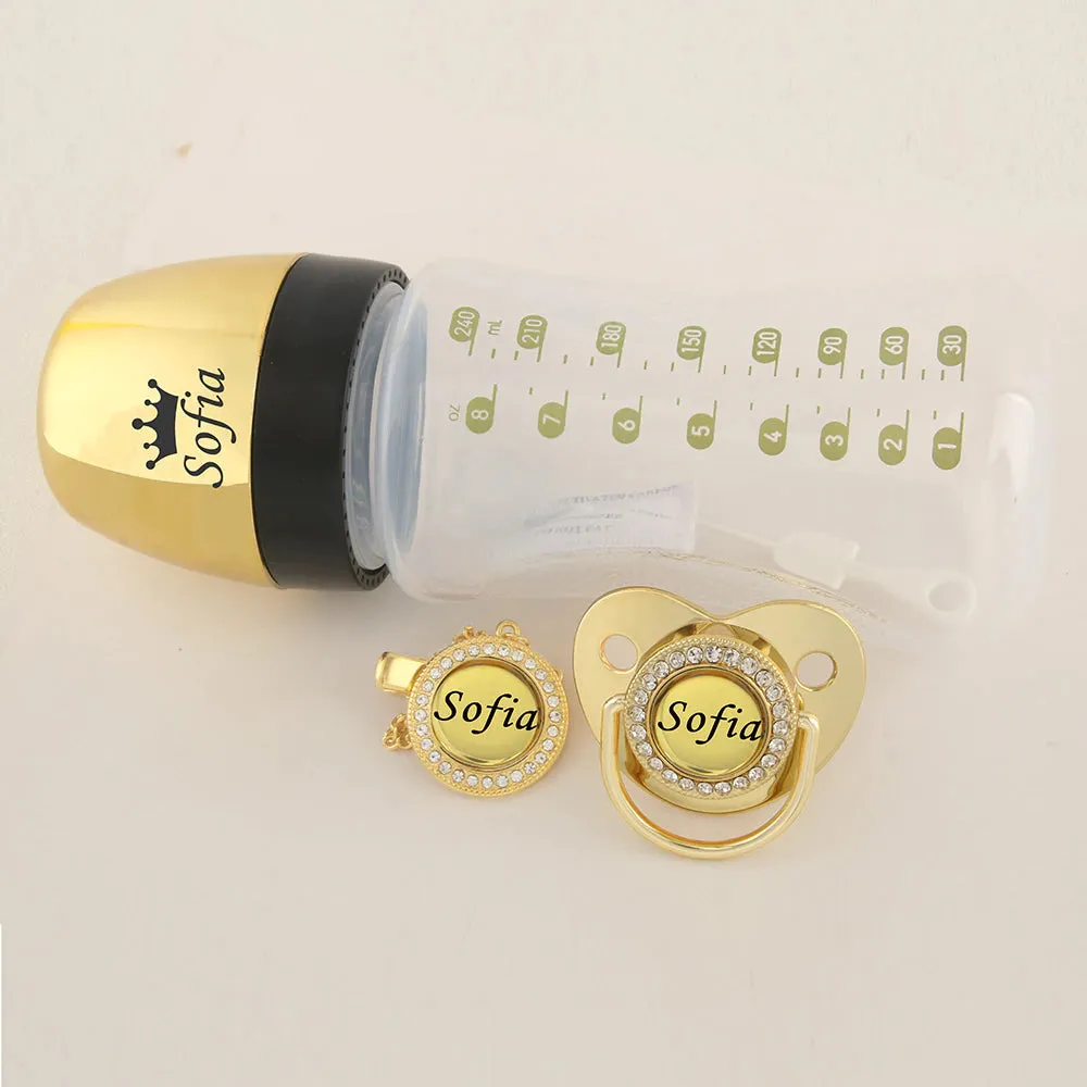 Luxury Any Name Customized Baby Feeding Set Gold Rose Gold Silver Milk Bottle Pacifier Bling Pacifier Case Unique Birthday Gift