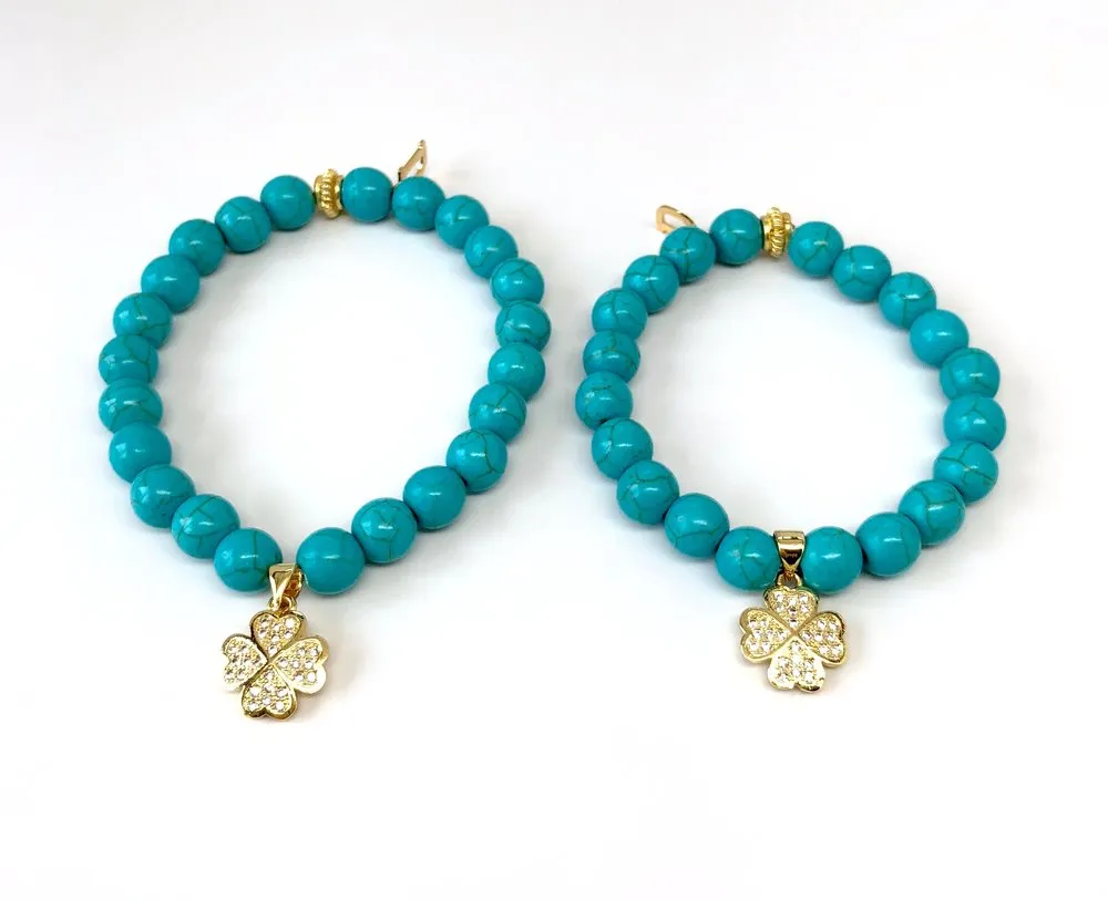 'Mommy & Me' Gold Clover & Turquoise Bracelet Set