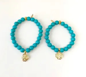 'Mommy & Me' Gold Clover & Turquoise Bracelet Set