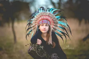 N33- From 5-8 years Kid / Child's: Indian turquoise and black feather Headdress 21 inch. – 53,34 cm.