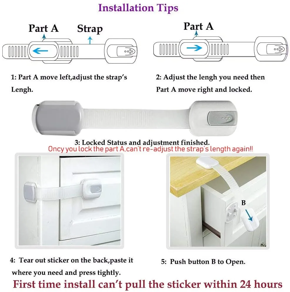 New Baby Proof Child Safety Locks Toddlers Security,Child Proof Locks with Adjustable Strap for Cabinets, Drawers, Appliances, Toilet Seat, Fridge & Oven,No Drilling Required