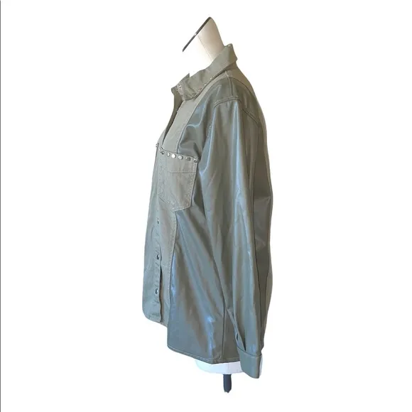 NWT ZARA Contrast Faux Leather Studded Jacket Shacket Green