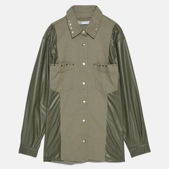 NWT ZARA Contrast Faux Leather Studded Jacket Shacket Green