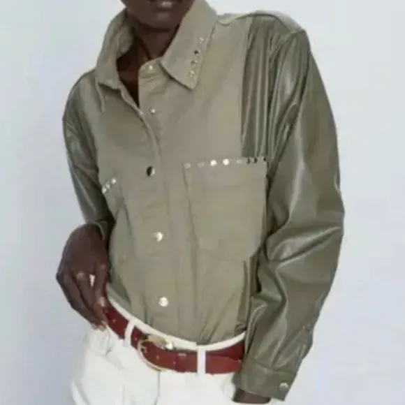 NWT ZARA Contrast Faux Leather Studded Jacket Shacket Green
