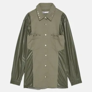 NWT ZARA Contrast Faux Leather Studded Jacket Shacket Green