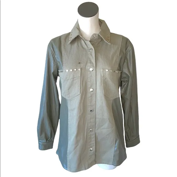 NWT ZARA Contrast Faux Leather Studded Jacket Shacket Green