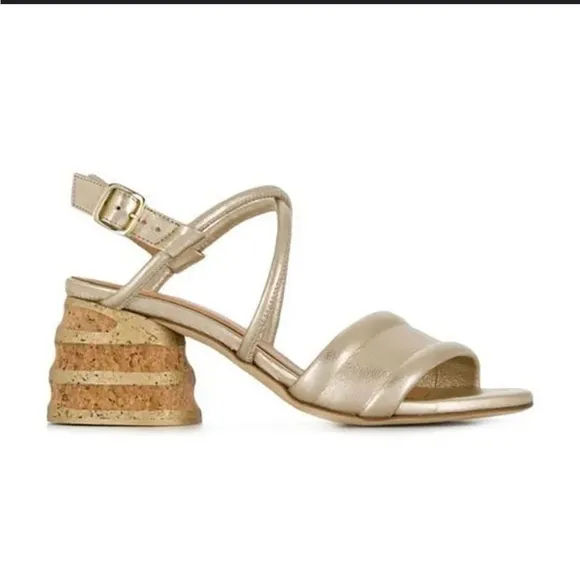 Paloma Barcelo Celia metallic platinum cork heels sandals Made in Spain