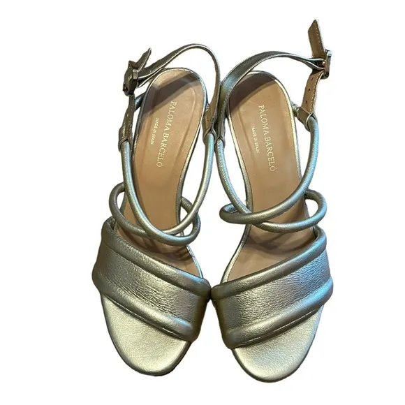 Paloma Barcelo Celia metallic platinum cork heels sandals Made in Spain