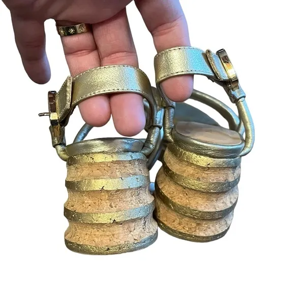 Paloma Barcelo Celia metallic platinum cork heels sandals Made in Spain