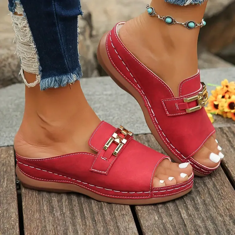 Plus Size Thick-Sole Sandals - Pink Slope Heel, Slip-Resistant