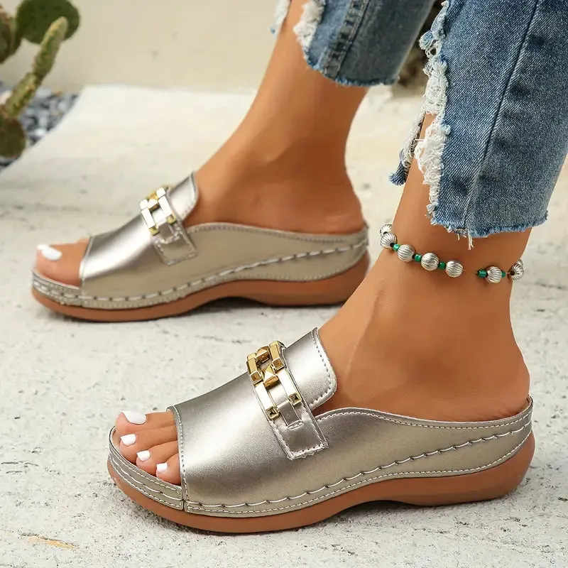 Plus Size Thick-Sole Sandals - Pink Slope Heel, Slip-Resistant