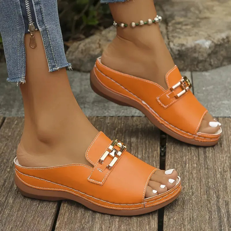Plus Size Thick-Sole Sandals - Pink Slope Heel, Slip-Resistant